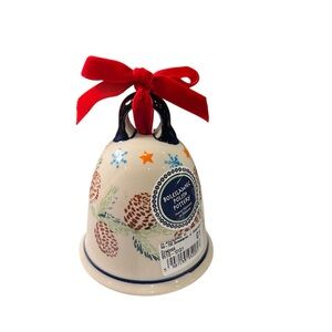 Boleslawec Polish Pottery Holiday Bell Ornament Pine Cones Snowflakes 4"H